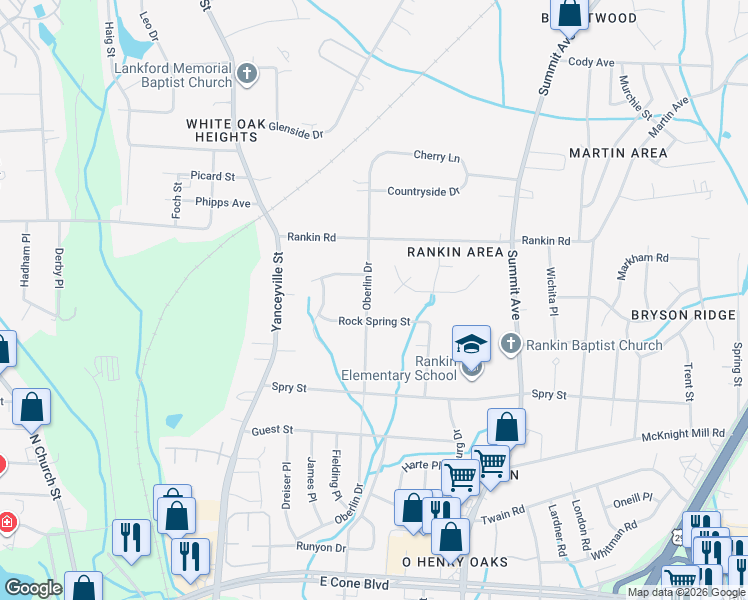 map of restaurants, bars, coffee shops, grocery stores, and more near 3402 Oberlin Drive in Greensboro