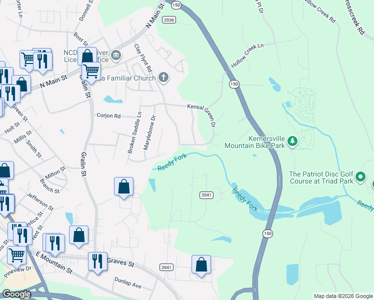 map of restaurants, bars, coffee shops, grocery stores, and more near 989 Kensal Green Drive in Kernersville