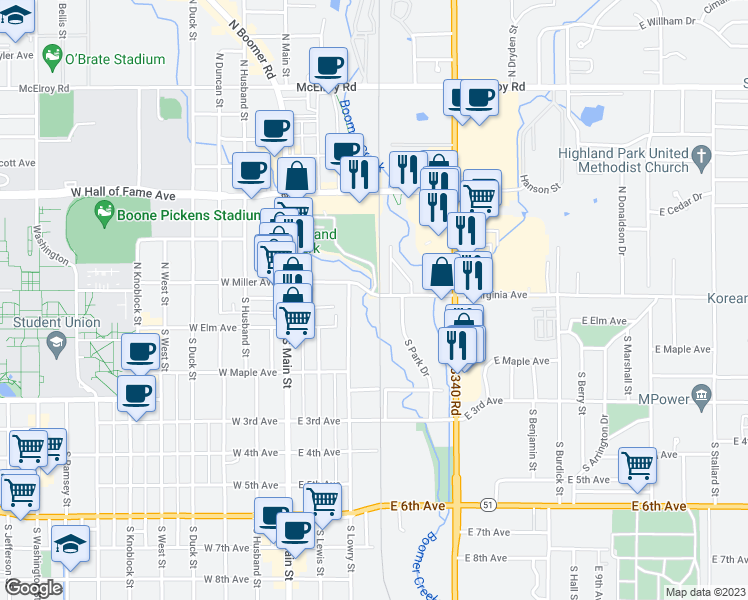 map of restaurants, bars, coffee shops, grocery stores, and more near 305 East Virginia Avenue in Stillwater