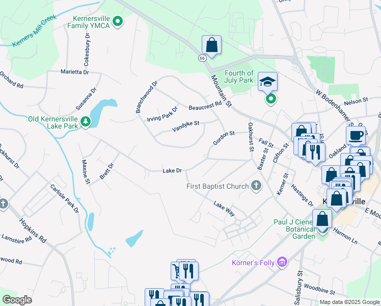 map of restaurants, bars, coffee shops, grocery stores, and more near 1016 Branchwood Drive in Kernersville