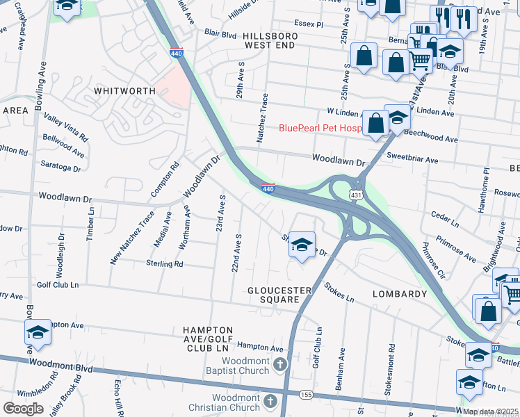 map of restaurants, bars, coffee shops, grocery stores, and more near 2128B Sharondale Dr in Nashville