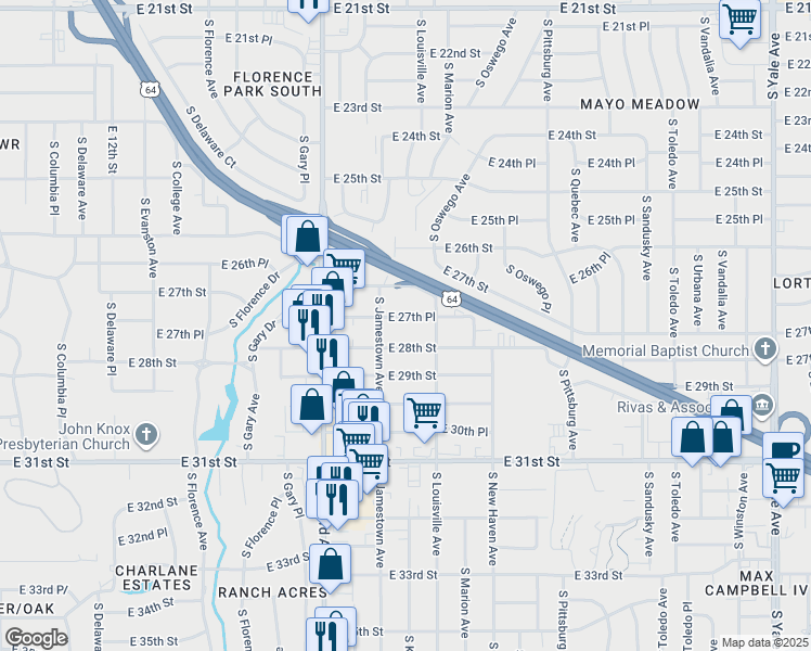 map of restaurants, bars, coffee shops, grocery stores, and more near 3514 E 27th Pl in Tulsa
