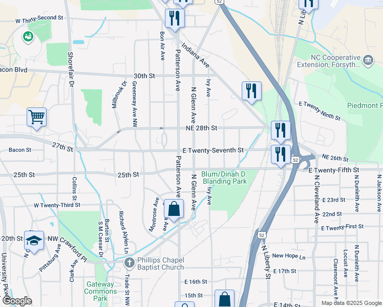 map of restaurants, bars, coffee shops, grocery stores, and more near 2520 Glenn Avenue Northeast in Winston-Salem