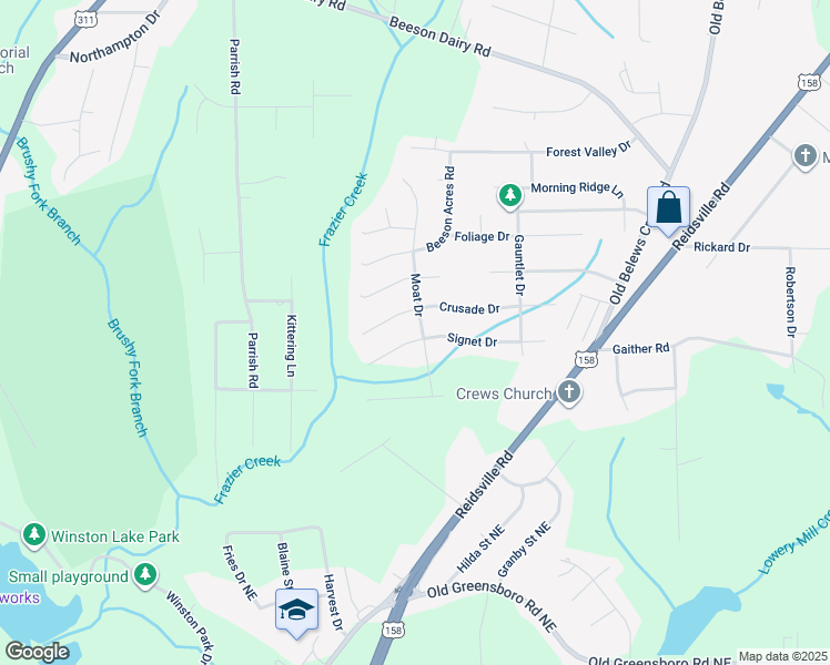 map of restaurants, bars, coffee shops, grocery stores, and more near 3683 Signet Drive in Winston-Salem