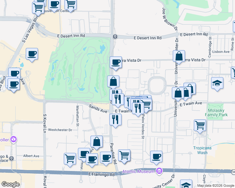 map of restaurants, bars, coffee shops, grocery stores, and more near 440 Elm Drive in Las Vegas