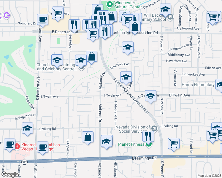 map of restaurants, bars, coffee shops, grocery stores, and more near 3046 Conquista Court in Las Vegas