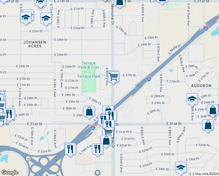 map of restaurants, bars, coffee shops, grocery stores, and more near 2736 East 27th Place in Tulsa