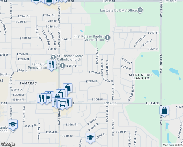 map of restaurants, bars, coffee shops, grocery stores, and more near 13322 E 28th St in Tulsa