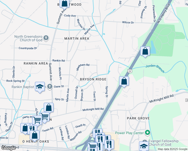 map of restaurants, bars, coffee shops, grocery stores, and more near 2100 Owens Street in Greensboro