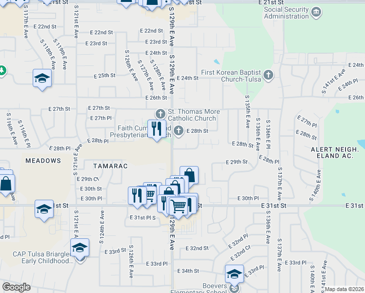 map of restaurants, bars, coffee shops, grocery stores, and more near 12930 East 28th Place in Tulsa