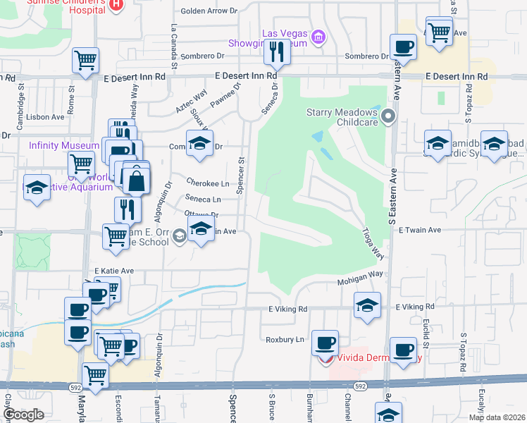 map of restaurants, bars, coffee shops, grocery stores, and more near 3640 Ottawa Circle in Las Vegas