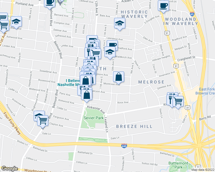 map of restaurants, bars, coffee shops, grocery stores, and more near 1005 Montrose Avenue in Nashville