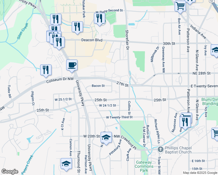 map of restaurants, bars, coffee shops, grocery stores, and more near 2555 Boneyard Street in Winston-Salem