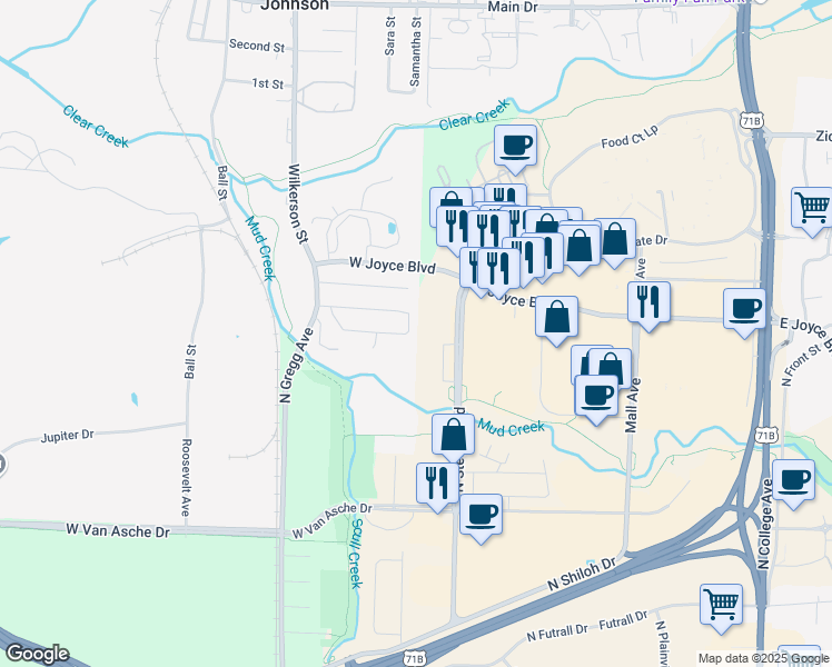 map of restaurants, bars, coffee shops, grocery stores, and more near 6696 South Julian Avenue in Fayetteville