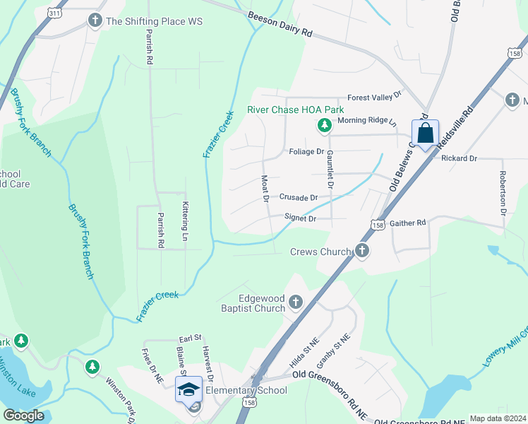 map of restaurants, bars, coffee shops, grocery stores, and more near 3683 Signet Drive in Winston-Salem