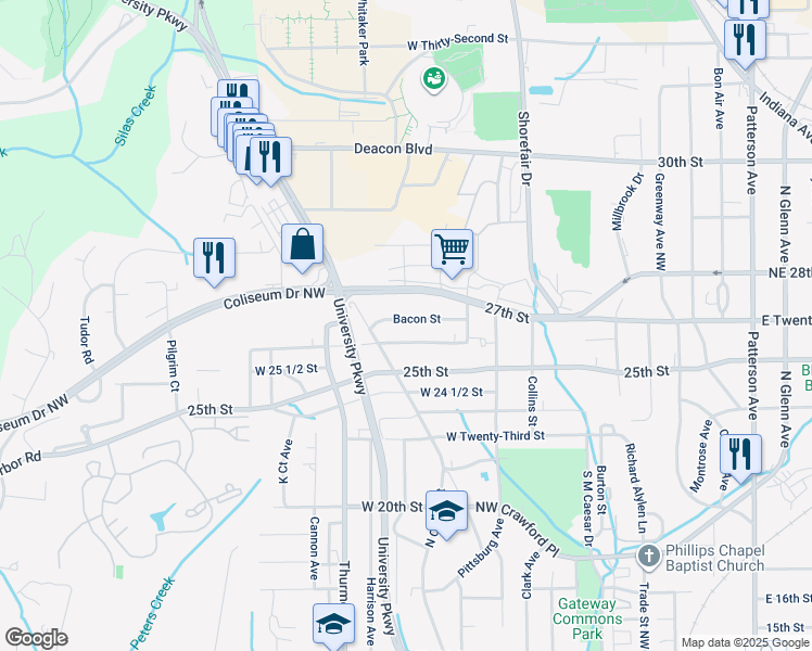 map of restaurants, bars, coffee shops, grocery stores, and more near 444 Bacon Street in Winston-Salem