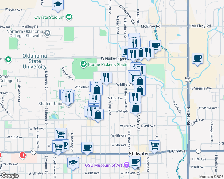 map of restaurants, bars, coffee shops, grocery stores, and more near 13 North Duncan Street in Stillwater