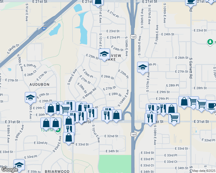 map of restaurants, bars, coffee shops, grocery stores, and more near 10128 East 26th Place in Tulsa