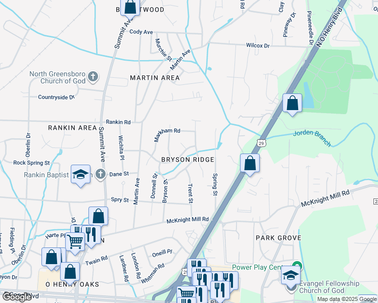 map of restaurants, bars, coffee shops, grocery stores, and more near 2100 Owens Street in Greensboro