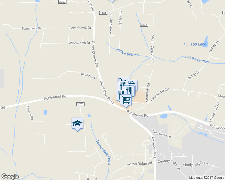 map of restaurants, bars, coffee shops, grocery stores, and more near 5749 Mallory Circle in Winston-Salem