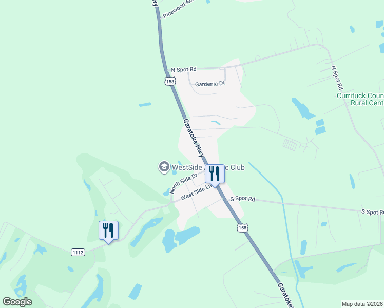 map of restaurants, bars, coffee shops, grocery stores, and more near 8320 Caratoke Highway in Powells Point