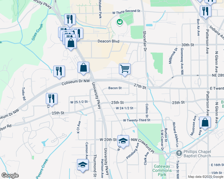 map of restaurants, bars, coffee shops, grocery stores, and more near 444 Bacon Street in Winston-Salem