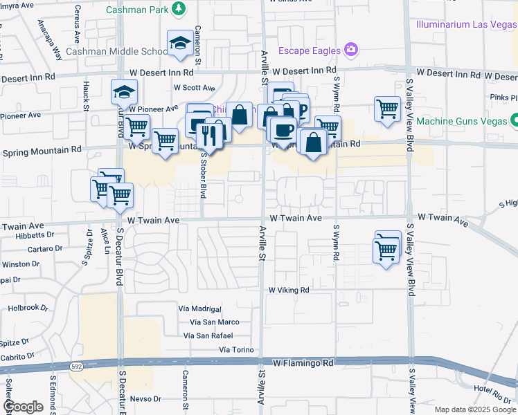 map of restaurants, bars, coffee shops, grocery stores, and more near 12 West Twain Avenue in Las Vegas