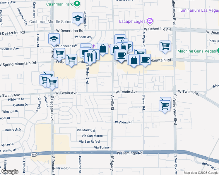 map of restaurants, bars, coffee shops, grocery stores, and more near 12 West Twain Avenue in Las Vegas
