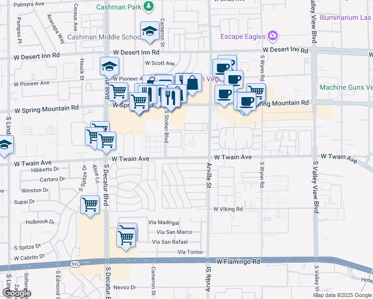 map of restaurants, bars, coffee shops, grocery stores, and more near 24 West Twain Avenue in Las Vegas