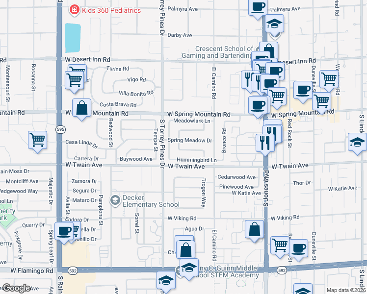 map of restaurants, bars, coffee shops, grocery stores, and more near 6386 Sparrow Lane in Las Vegas