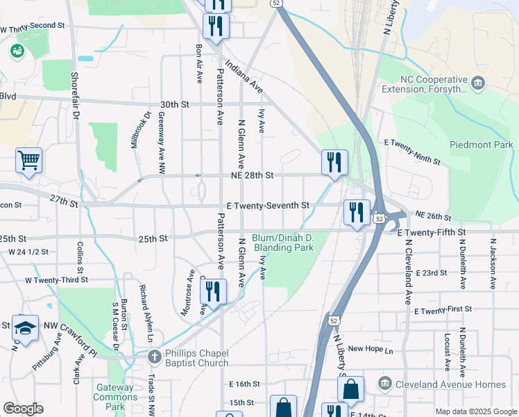 map of restaurants, bars, coffee shops, grocery stores, and more near 2530 Ivy Avenue in Winston-Salem