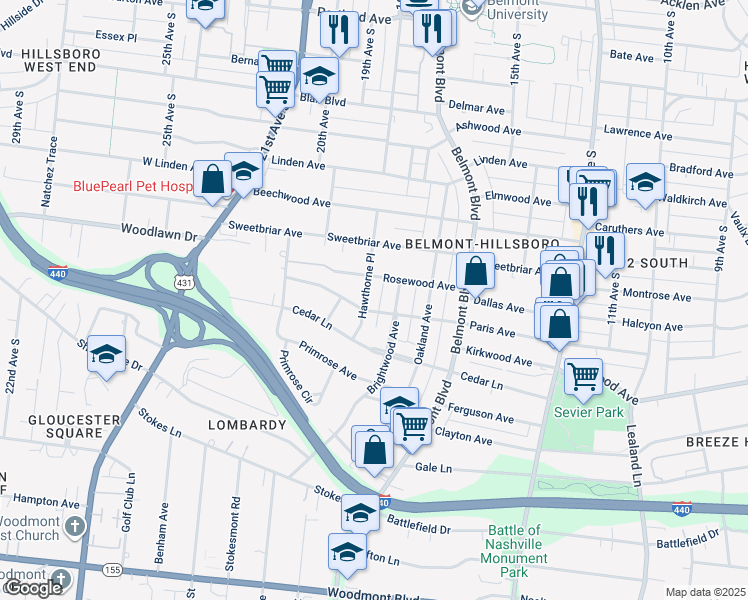 map of restaurants, bars, coffee shops, grocery stores, and more near 1814 Wildwood Avenue in Nashville