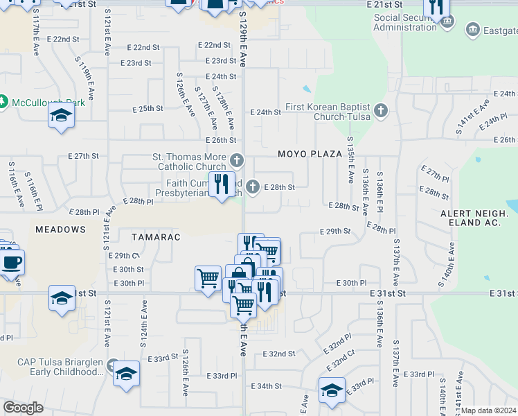 map of restaurants, bars, coffee shops, grocery stores, and more near 12930 East 28th Place in Tulsa