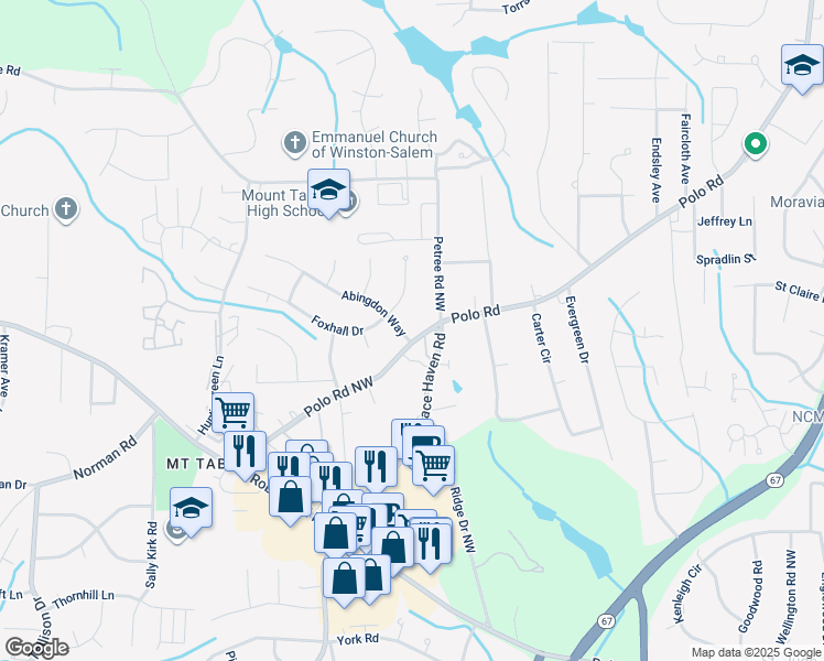 map of restaurants, bars, coffee shops, grocery stores, and more near 3171 Polo Road Northwest in Winston-Salem