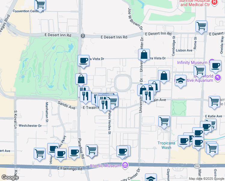 map of restaurants, bars, coffee shops, grocery stores, and more near 140 Elm Drive in Las Vegas