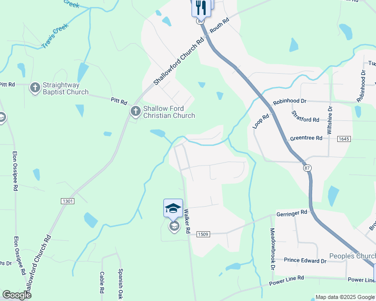 map of restaurants, bars, coffee shops, grocery stores, and more near 104 Old Well Drive in Elon