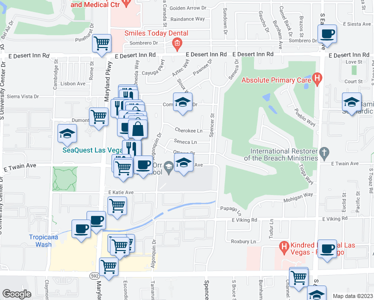 map of restaurants, bars, coffee shops, grocery stores, and more near 1648 Ottawa Drive in Las Vegas
