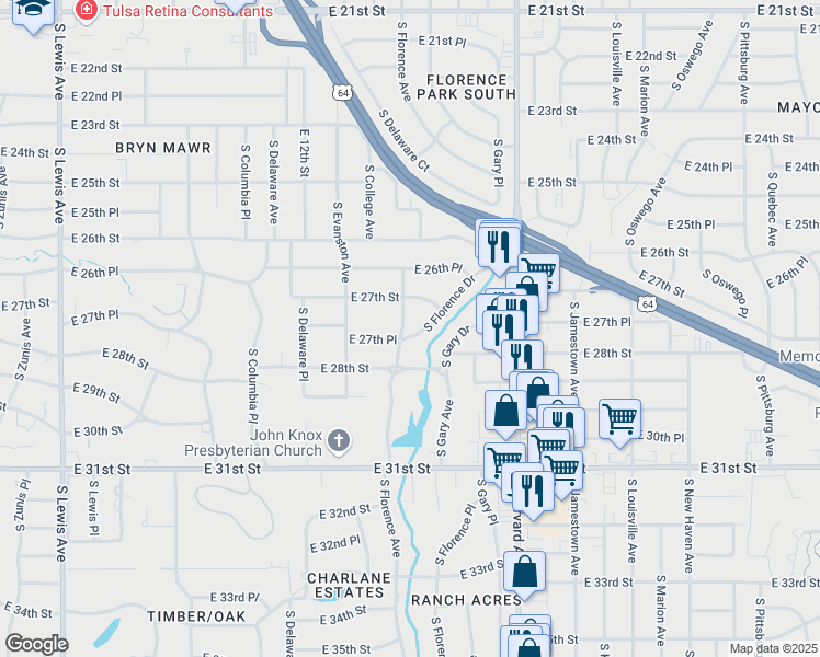 map of restaurants, bars, coffee shops, grocery stores, and more near 2736 South Florence Drive in Tulsa
