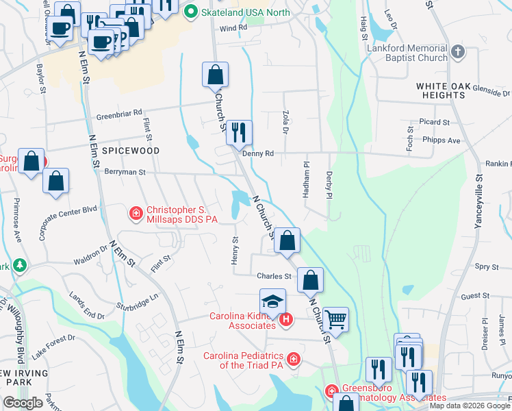 map of restaurants, bars, coffee shops, grocery stores, and more near 3319 North Church Street in Greensboro