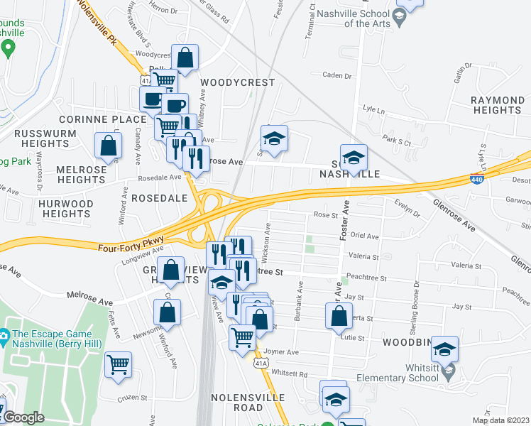 map of restaurants, bars, coffee shops, grocery stores, and more near 327 Rose Street in Nashville