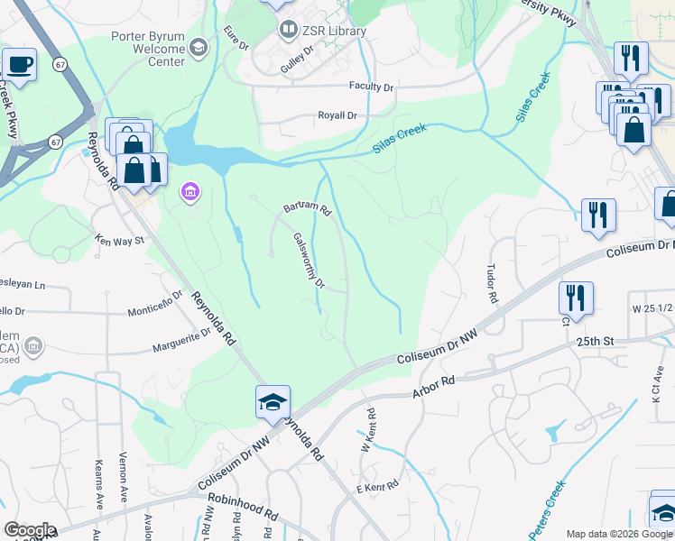 map of restaurants, bars, coffee shops, grocery stores, and more near 2810 Bartram Road in Winston-Salem