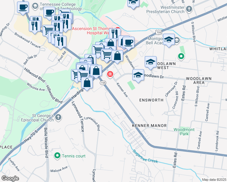 map of restaurants, bars, coffee shops, grocery stores, and more near 120 Woodmont Boulevard in Nashville