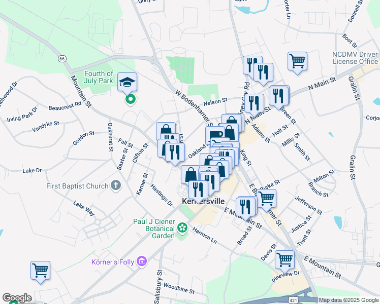 map of restaurants, bars, coffee shops, grocery stores, and more near 116 Oakland Avenue in Kernersville