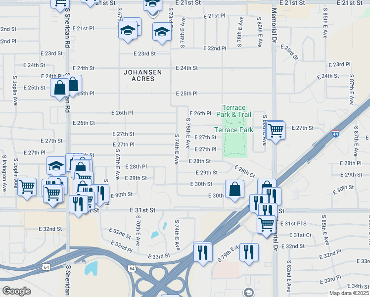 map of restaurants, bars, coffee shops, grocery stores, and more near 2725 South 74th East Avenue in Tulsa