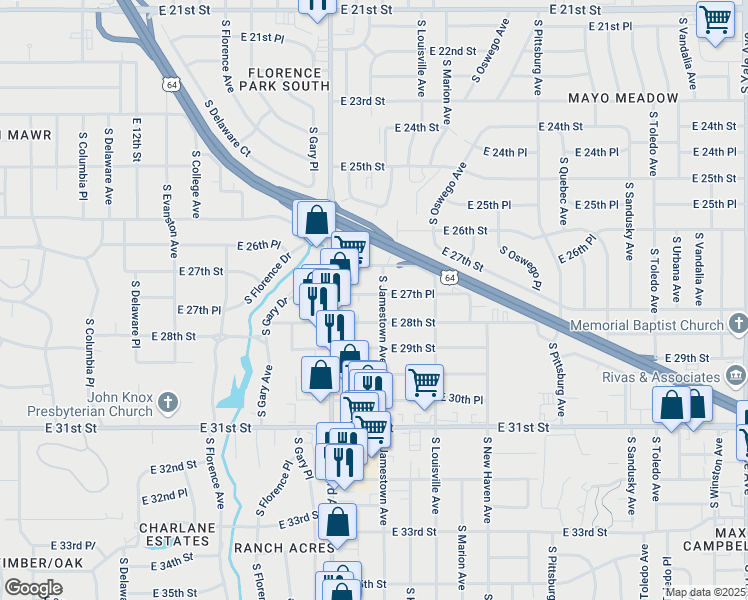 map of restaurants, bars, coffee shops, grocery stores, and more near 3342 East 27th Place in Tulsa