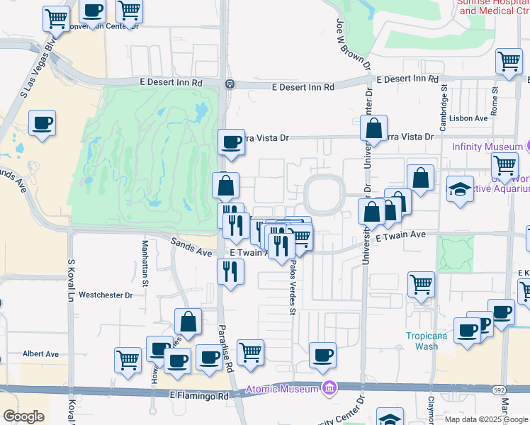 map of restaurants, bars, coffee shops, grocery stores, and more near 520 Elm Drive in Las Vegas