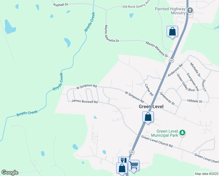 map of restaurants, bars, coffee shops, grocery stores, and more near W Simpson St in Green Level
