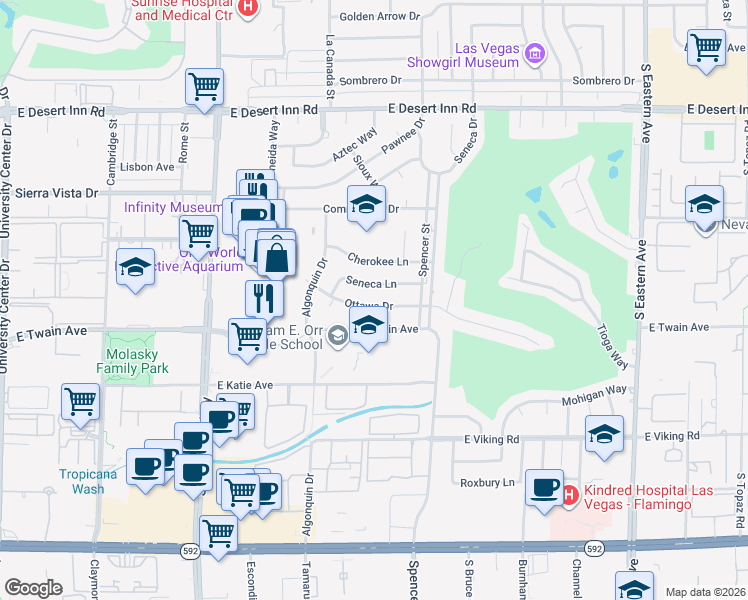 map of restaurants, bars, coffee shops, grocery stores, and more near 1648 Ottawa Drive in Las Vegas