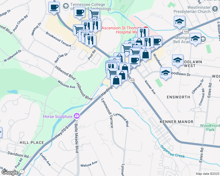 map of restaurants, bars, coffee shops, grocery stores, and more near 4001 Harding Pike in Nashville