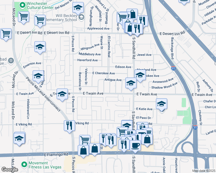 map of restaurants, bars, coffee shops, grocery stores, and more near 3667 Descanso Street in Las Vegas